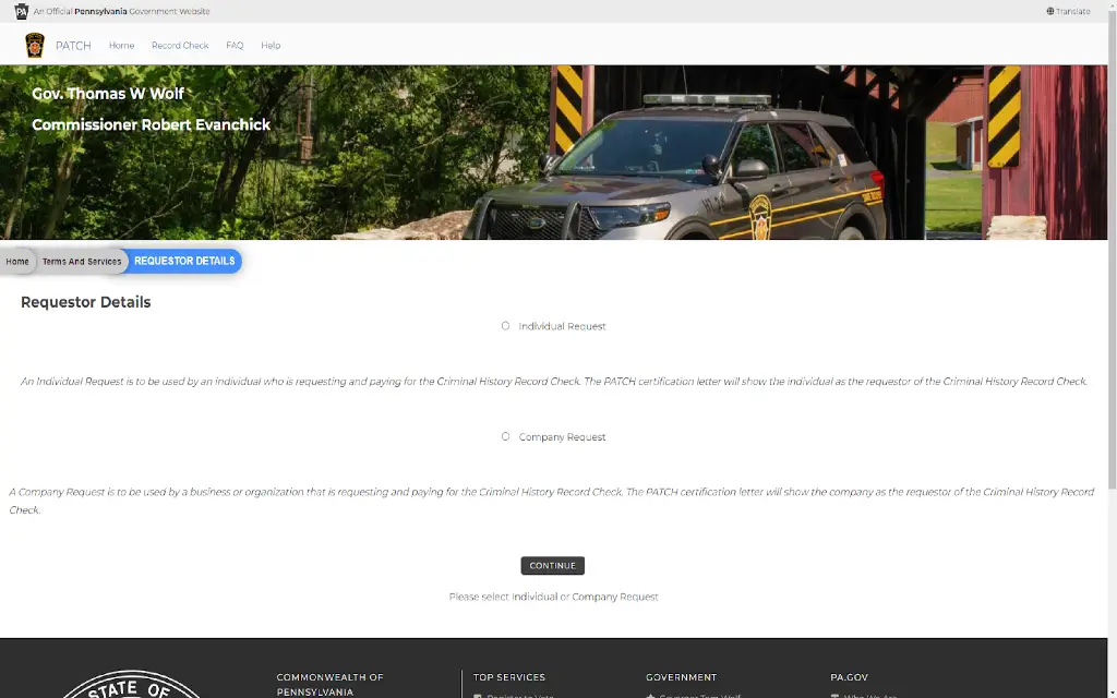 PATCH screenshot for performing a free warrant search in Pennsylvania and checing PA criminal records. 