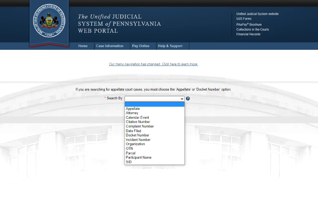 Pennsylvania unified system of web portal court records used to find free divocre records in Pennsylvania, free Pennsylvania marriage records and other court cases in PA with a search feature that offers search options like date, docket, participant names and more. 