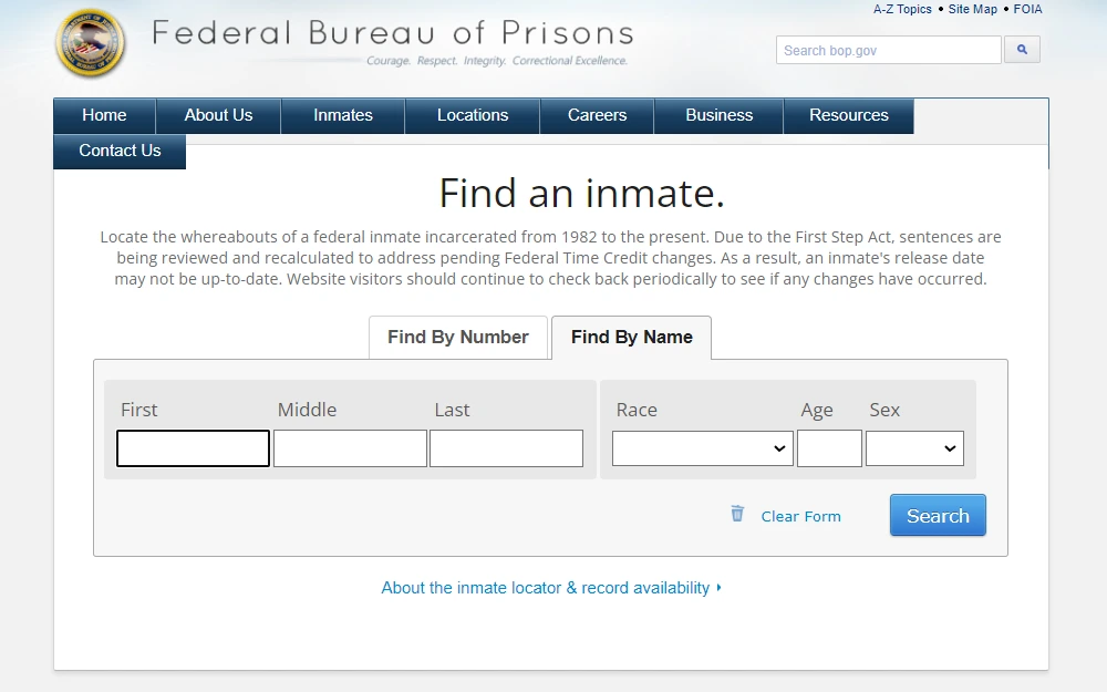 The Federal Bureau of Prisons' search tab displays its two search options: "Find by Number" and "Find by Name" - to search by name, one must provide the inmate's entire name along with their race, age, and sex; the Bureau's logo is also shown in the top left corner.