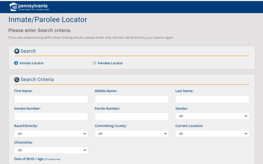 Screenshot of the search page for the Pennsylvania Department of Corrections, displaying its two options: inmate and parolee locator- to enter search criteria, the researcher must enter the inmate's full name, inmate number, age, select race, committing country, current location, and citizenship into a dropdown box, the department's logo is in the top left corner.
