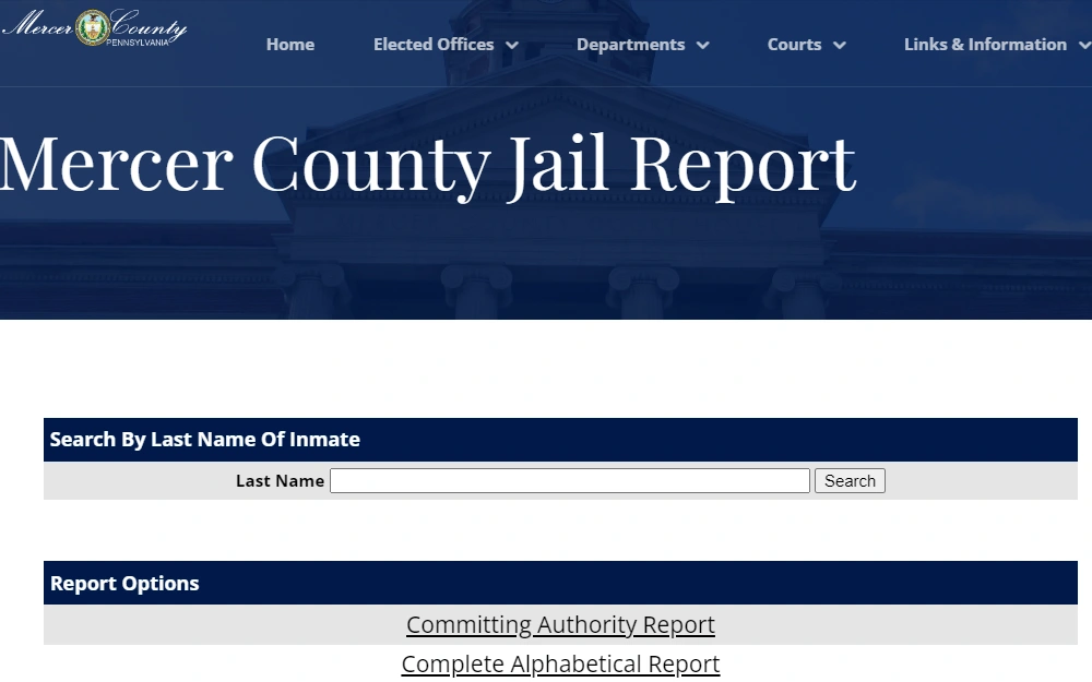 A snapshot of the Mercer County website in Pennsylvania displays the inmate's search tool; a searcher must enter the inmate's last name to begin a search; below are several report options, and the top left corner of the screen displays the County's logo.