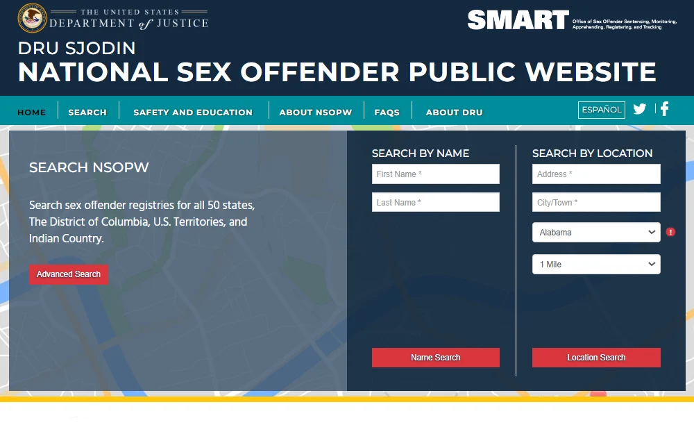 A snapshot of the "Search by Name" and "Search by Location" search options on the National Sex Offender Public Website; both options include a search button at the bottom of them, along with the Department of Justice logo in the upper left corner; by name requires the inmate's first and last name, while by location requires the address, city, and state to be entered.