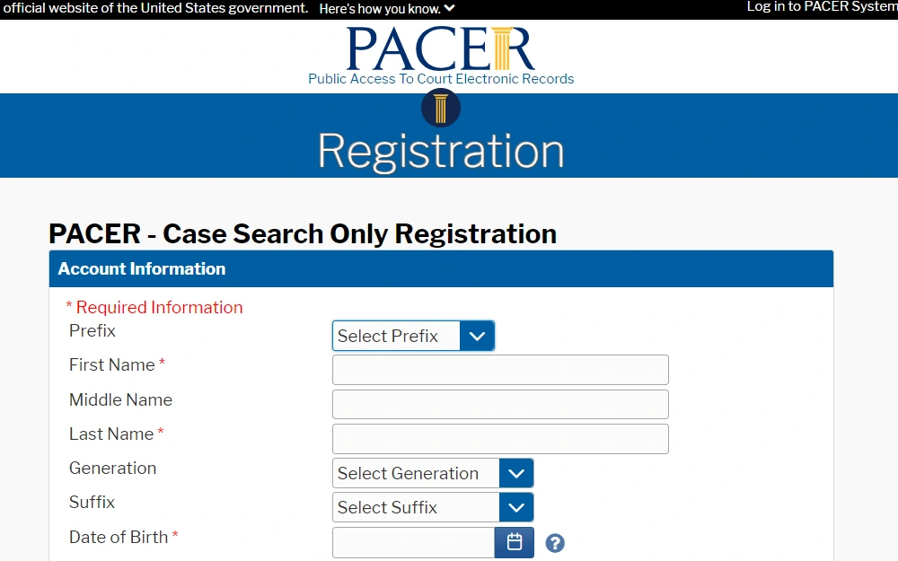 The registration page for case search only is shown in a snapshot from Public Access to Court Electronic Records; the searcher must enter information such as the prefix, full name, generation, suffix, and DOB from the dropdown menu and the pacers logo is also visible at the top.