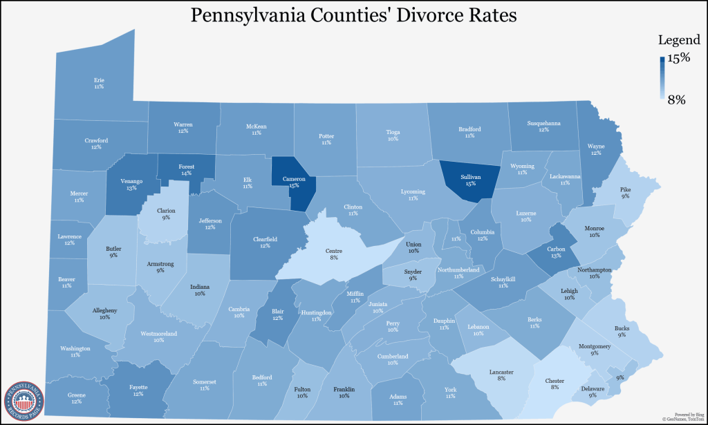 An image showing the map of Pennsylvania showing all counties of the state with its divorce rates data (5-year estimates in 2021).