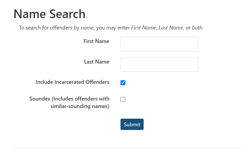 Screenshot of the Pennsylvania sex offender search website; to search, enter the offender's first and last names; there is also an option to indicate whether the searcher wants to include Soundex and jailed offenders; a submit button is at the bottom.