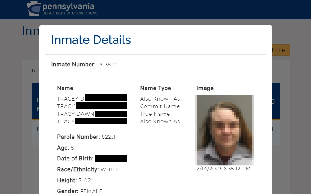 Screenshot of the Pennsylvania Department of Corrections' result displaying the inmate's details, including their inmate number, full name, alias and true name, parole number, age, height, and gender information, as well as their race and DOB, the offender's mugshot is also visible on the right side.