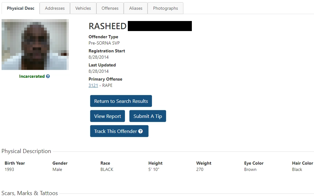 Search Results from the Sex Offender Registry page screenshot displaying an inmate's full name, offense information, and physical description, including birth year, gender, race, height and weight, and eye and hair color at the bottom.