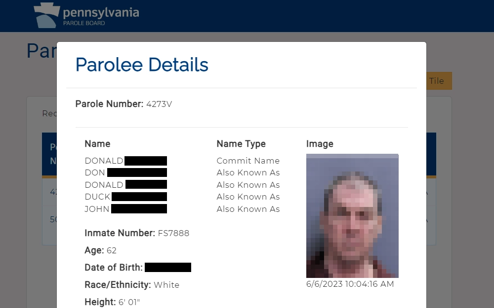 Search Results from Pennsylvania Parole Board's screenshot displaying an inmate's full name, number, birth year, race, and height, including the mugshots on the right side.