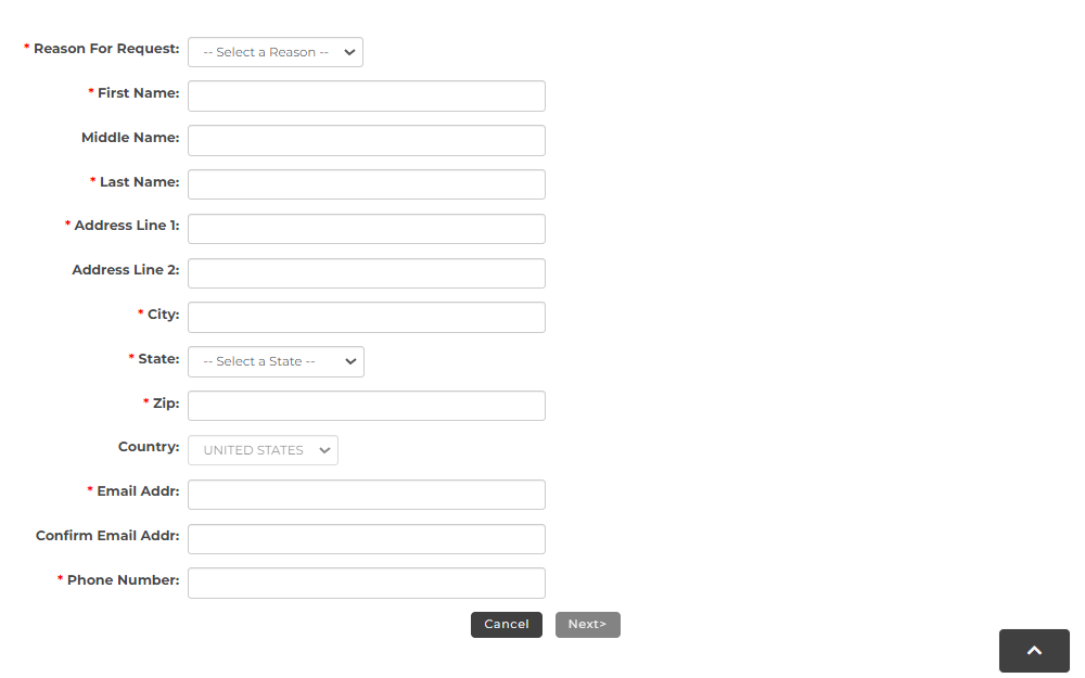 A screenshot from Pennsylvania Access To Criminal History (PATCH) record request page showing the required field that the requestor must provide, which includes "Reason for Request"(from the drop-down box), 'Full name," "Address," "Email Address" and 'Phone Number"; "Next" button at the bottom part to proceed to the next step.