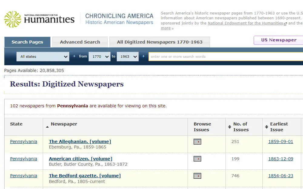 A screenshot of the database that has a collection of Pennsylvania digitized newspapers that go as far back as 1789 and can be searched by using keywords.