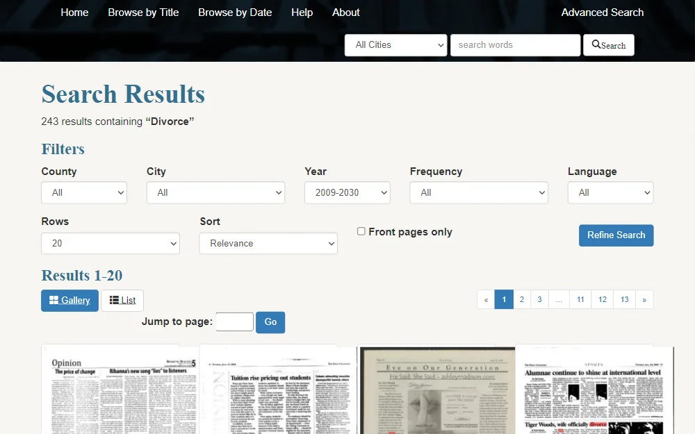 A screenshot of the search tool which allows users to locate records through newspapers by browsing by title, searching by date, or using an advanced search feature.