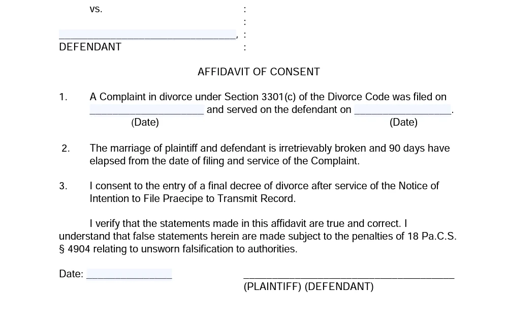 A screenshot of the form used to obtain an affidavit of consent where the couple has lived separate lives for at least a year and agrees the nuptial is completely ended.
