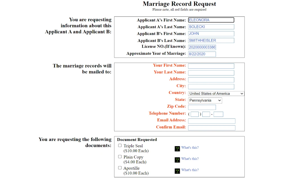 A screenshot of form for requesting specific documentation related to a union between two individuals, filled with the names of both parties involved, their license number, and the date. It includes fields for the requester’s contact information and options for the type of document copy desired, with associated fees listed.