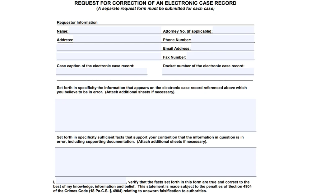 A screenshot from the Pennsylvania Supreme Court detailing requester information, including name and contact details, as well as space to write the case caption, docket number, and specific details regarding the information believed to be incorrect in the electronic case record, with an instruction to attach additional sheets if necessary.