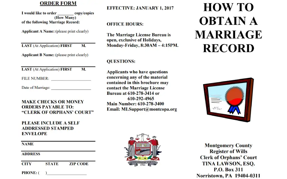 A screenshot of form used to order a copy of a marriage record, providing details such as the names of the applicants, file number, date of marriage, and instructions to make payments to the "Clerk of Orphans' Court," along with a section for the requester's contact information and office hours for a government bureau.