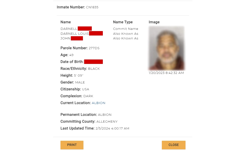 Screenshot of an inmate detail from the state department of corrections locator displaying the offender's mugshot, inmate number, name and aliases, birthdate, and other identifiers.