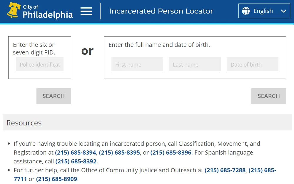 A screenshot from the department of prisons of Philadelphia displaying the incarcerated person locator tool with fields for either the prison identification number, or full name and birthdate.