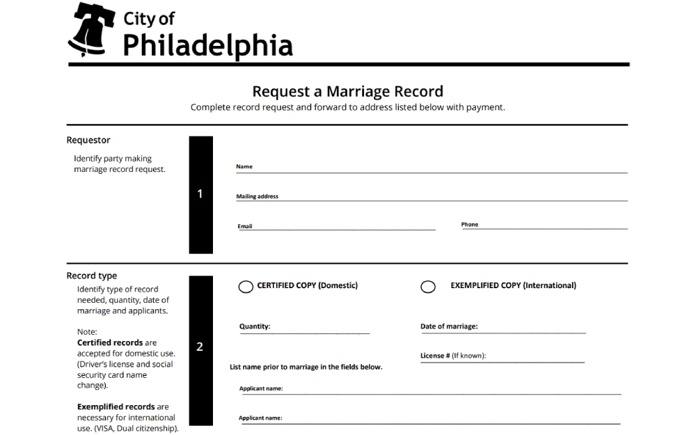 A screenshot of form titled "Request a Marriage Record" from the City of Philadelphia, where an individual can fill in their personal contact information and specify the type and quantity of marriage documentation they wish to obtain, with options for certified or exemplified copies.
