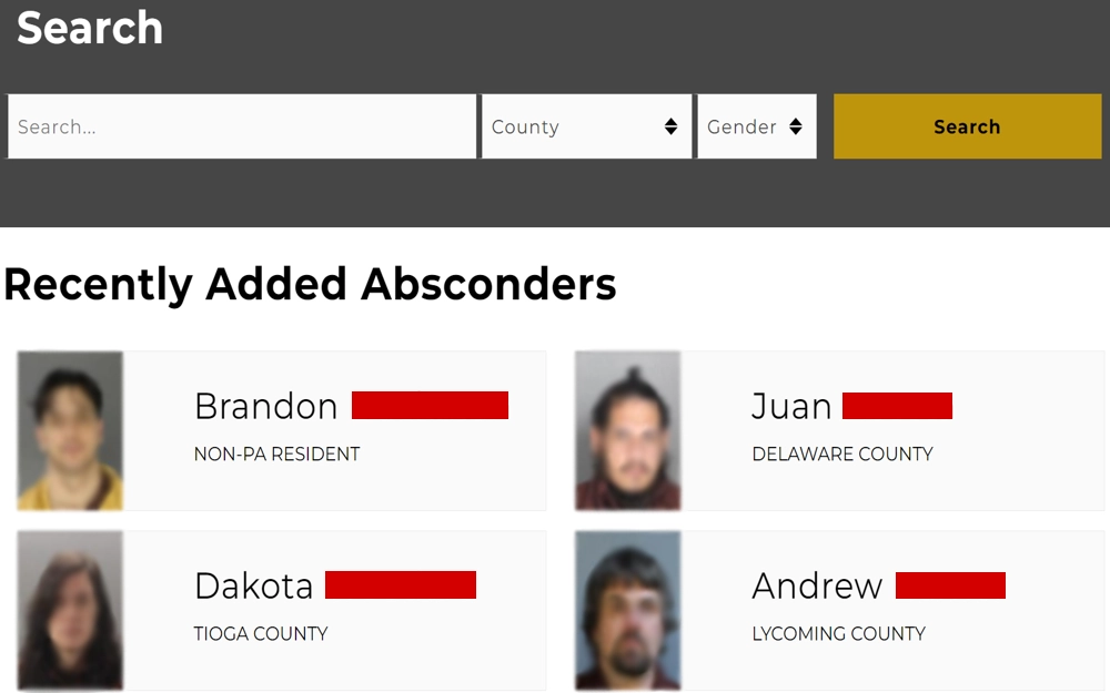 A screenshot from the Pennsylvania Parole Board detailing recently added individuals who have absconded, featuring their photographs, names, and the counties from which they are listed, with search filters for county and gender available at the top.