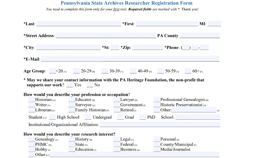 A screenshot of registration form for new researchers at a state archives, requiring personal contact information, age group selection, consent for sharing contact details with a supporting foundation, occupation, educational status, organizational affiliation, and research interests.