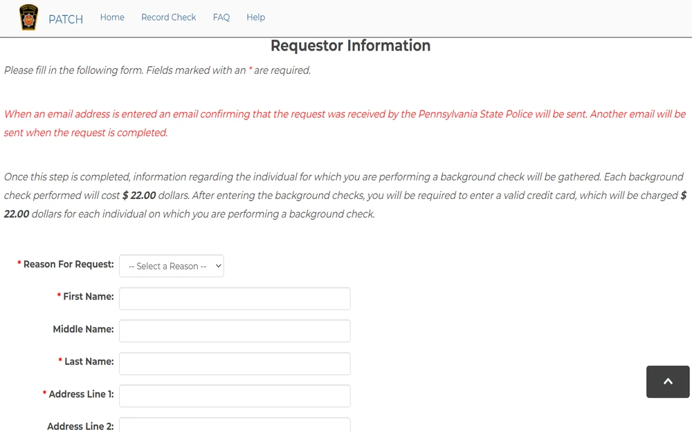 A screenshot of an online form detailing the process and costs associated with the service provided by the Pennsylvania State Police, including required fields for personal information and notification steps.