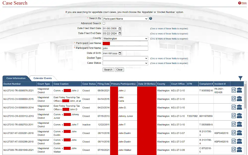 A screenshot of the case search tool of the Pennsylvania Supreme Court and its results showing criteria such as start and end duration filed date, county, participant's first and last name, date of birth, case status and docket type.