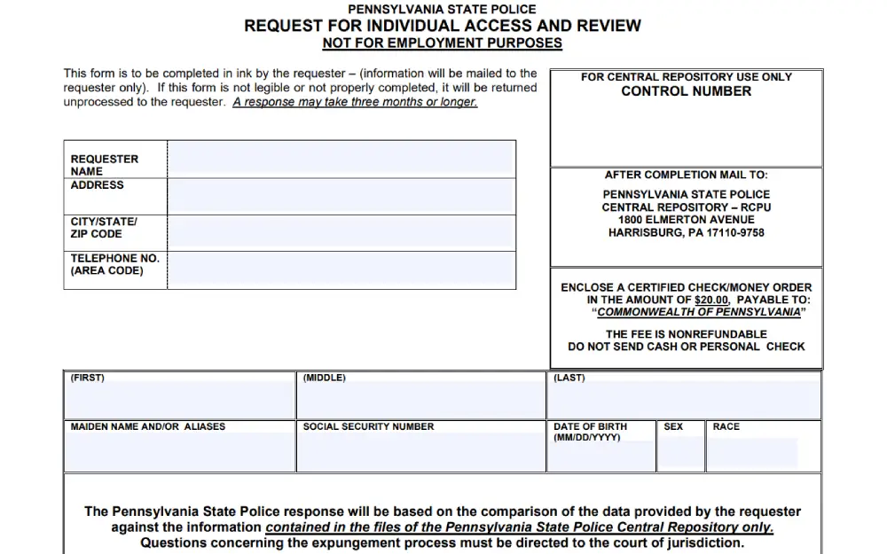 A screenshot from the Pennsylvania State Police detailing instructions for the requester, payment information, and designated areas for personal details to be completed and mailed to the Central Repository along with the specified fee.