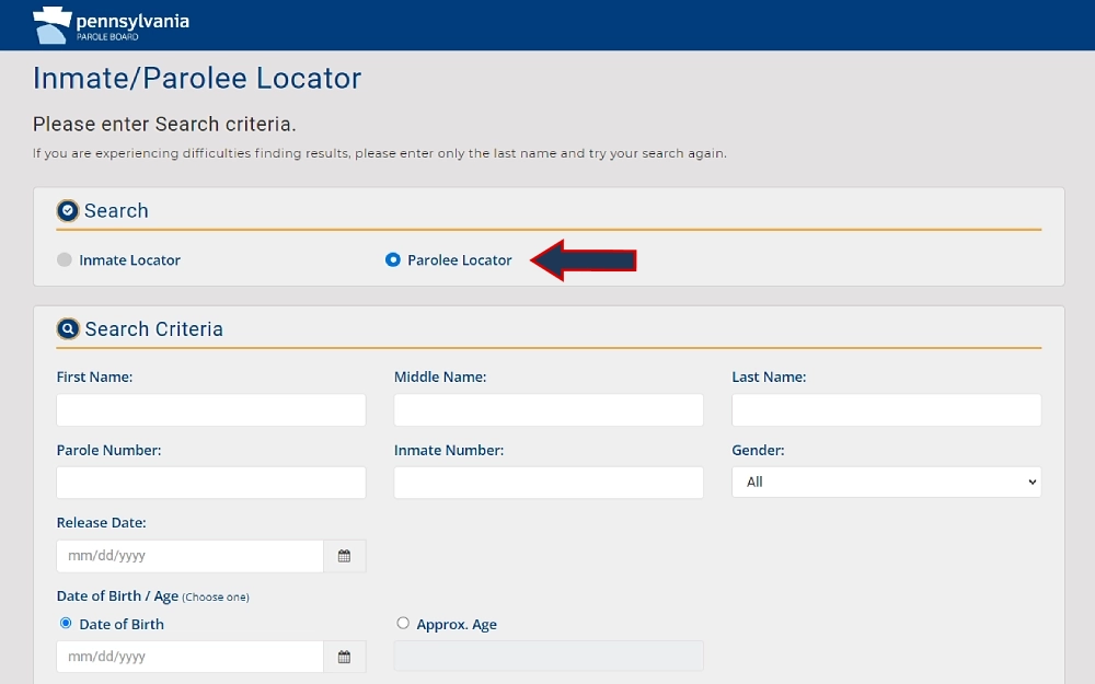 A screenshot showing the inmate or parolee locator of Pennsylvania Department of Corrections with search criteria such as first, middle, and last name, parole number or inmate number, gender, release date, and date of birth.