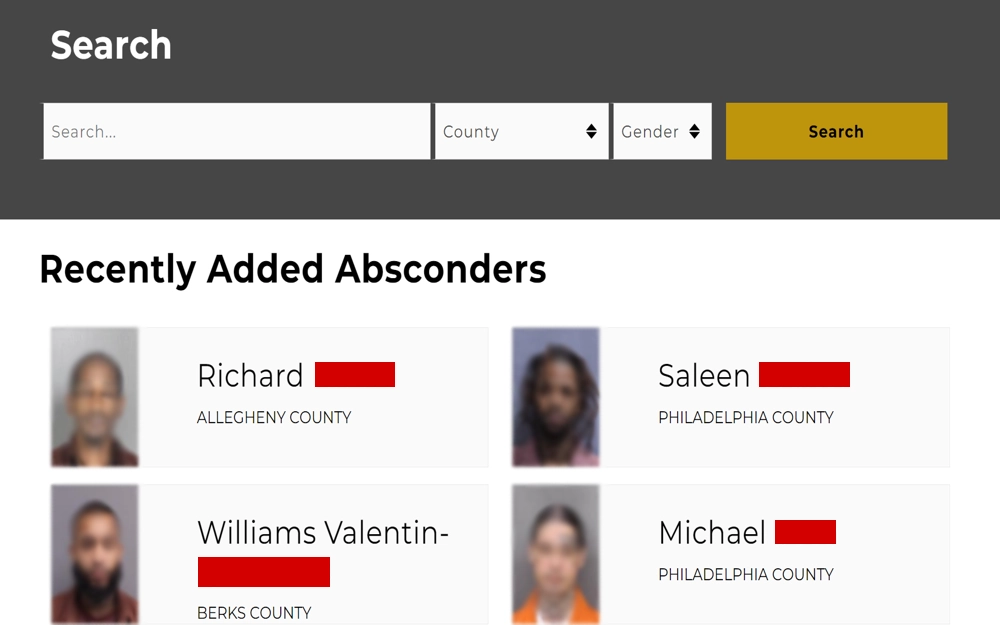 A screenshot from the Pennsylvania Parole Board featuring a search bar and dropdown menus for filtering by county and gender, below which is a section titled "Recently Added Absconders," showcasing photographs and names of individuals along with their associated counties.