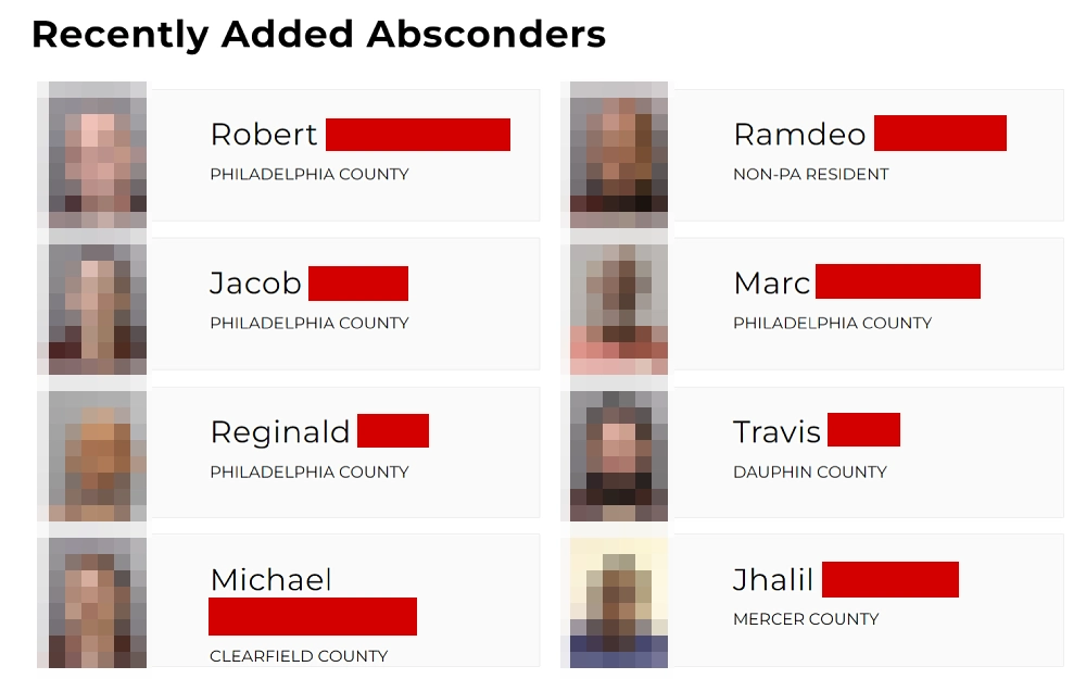 A screenshot displaying the recently added absconders showing mugshot photo, complete name and county from the Pennsylvania Parole Board website.