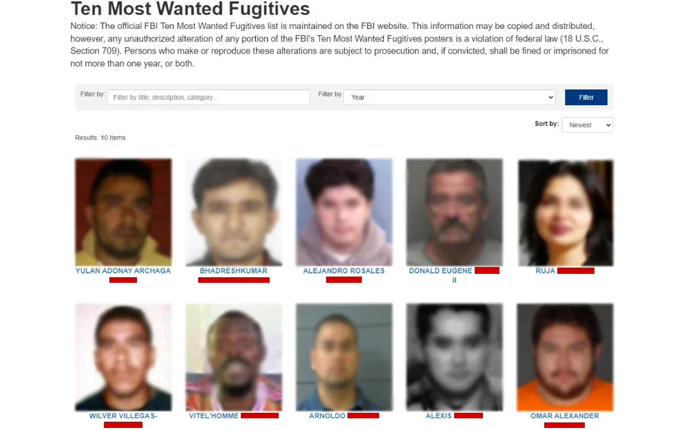 A screenshot from the Federal Bureau of Investigation featuring a mugshot, including names beneath each photo and a notice explaining the legal restrictions on reproducing this information.