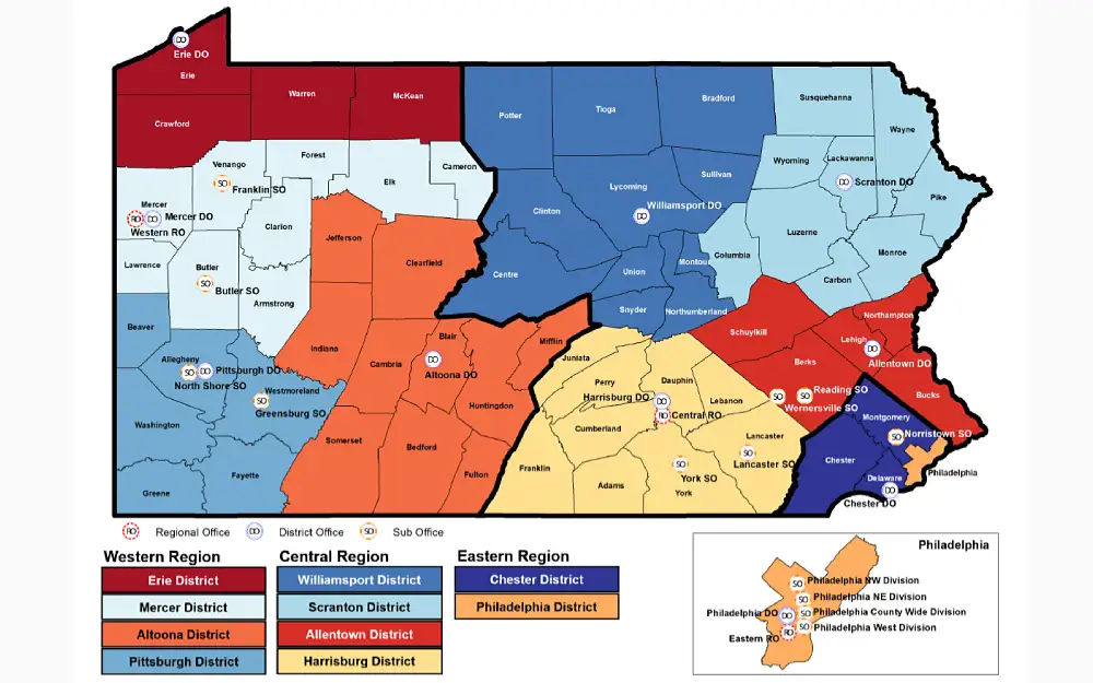 A screenshot showing the parole office map provided by the Pennsylvania Department of Corrections displaying different colors as labels of regions and districts, offices such as regional, district, and sub, and a small yellow map of Philadelphia at the bottom.
