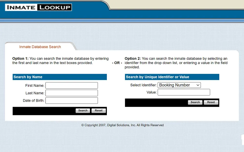A screenshot displays an inmate database search with options to search by first name, last name, date of birth, unique identifier or value.