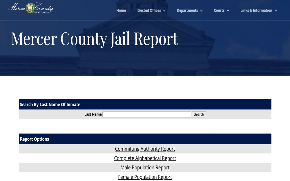 A snapshot of the Mercer County website in Pennsylvania displays the inmate's search tool; a searcher must enter the inmate's last name to begin a search; below are several report options, and the top left corner of the screen displays the County's logo.