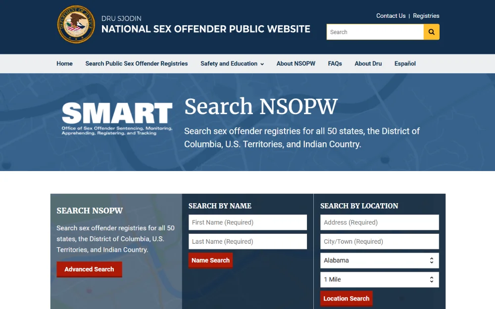 A snapshot of the "Search by Name" and "Search by Location" search options on the National Sex Offender Public Website; both options include a search button at the bottom of them, along with the Department of Justice logo in the upper left corner; by name requires the inmate's first and last name, while by location requires the address, city, and state to be entered.